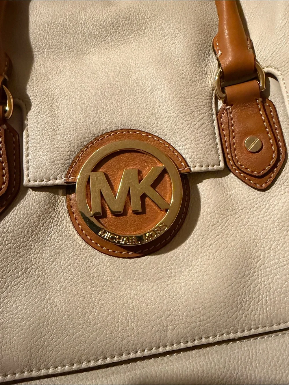 Michael Kors Cream Leather Satchel with Tan Trim